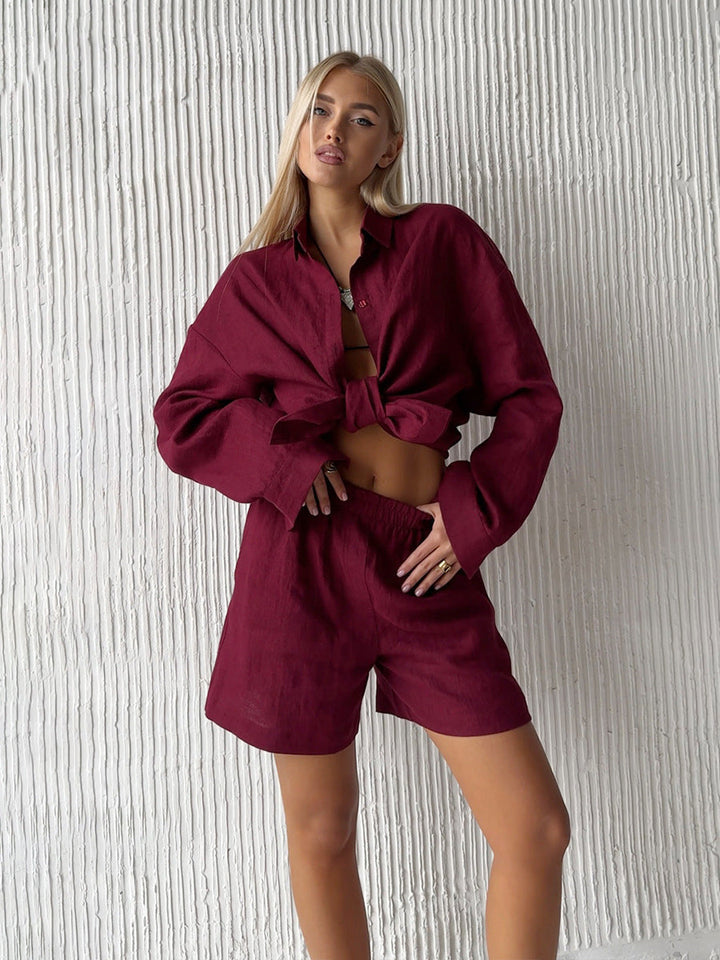 Damen lässiges Leinen Set mit lockerer Bluse und Shorts