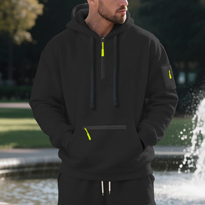 Herren Oversize-Kapuzenpullover mit halbem Reißverschluss, Kängurutasche mit Reißverschluss und Ärmel-Pocket Nord Taschen