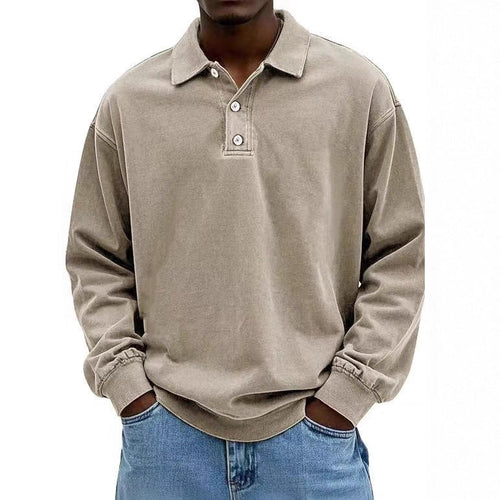 Herren nan lässiges Poloshirt-Sweatshirt mit Kragen, Vintage-Waschung und dreiteiliger Knopfleiste