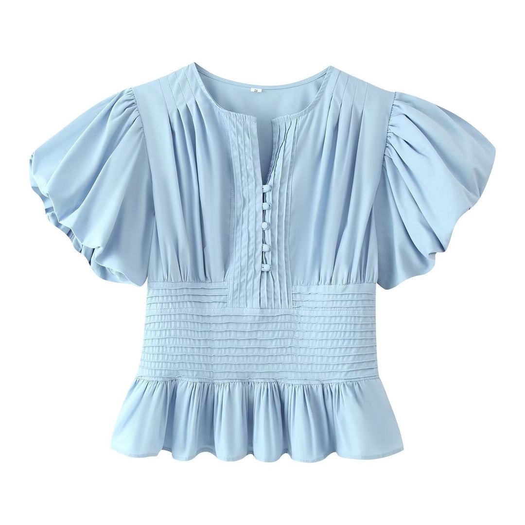 Damen Romantische Bluse mit Puffärmeln, Kellerfalten‑Blende und gesmokter Taille Nord Taschen