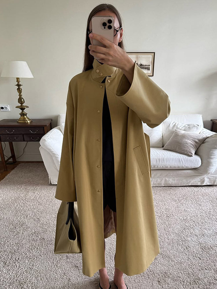 Damen Maxilanger Oversize-Trenchcoat mit Stehkragen und verdeckter Druckknopfleiste Nord Taschen