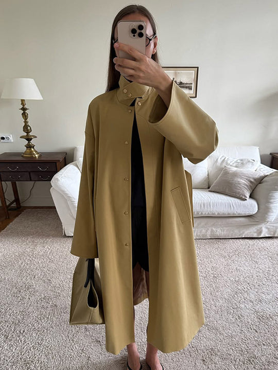 Damen Maxilanger Oversize-Trenchcoat mit Stehkragen und verdeckter Druckknopfleiste Nord Taschen