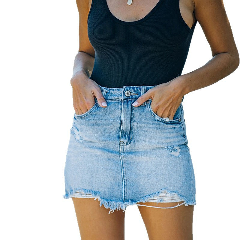 Damen Vintage Denimrock mit hohem Bund und ausgefranstem Saum