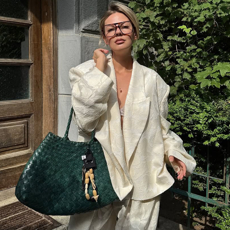 Damen Zweiteiliges Jacquard-Hosen-Set mit Oversize-Boxy-Blazer und hochgeschnittener Palazzo-Hose Nord Taschen