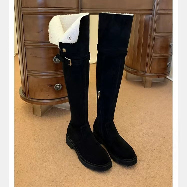 Damen Kniehohe Velours-Winterstiefel mit umklappbarer Schaftrand‑Fütterung und profilierter Lug‑Sohle Nord Taschen