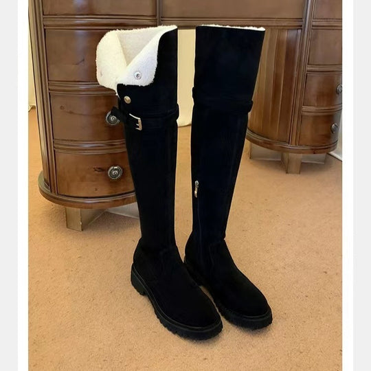 Damen Kniehohe Velours-Winterstiefel mit umklappbarer Schaftrand‑Fütterung und profilierter Lug‑Sohle Nord Taschen