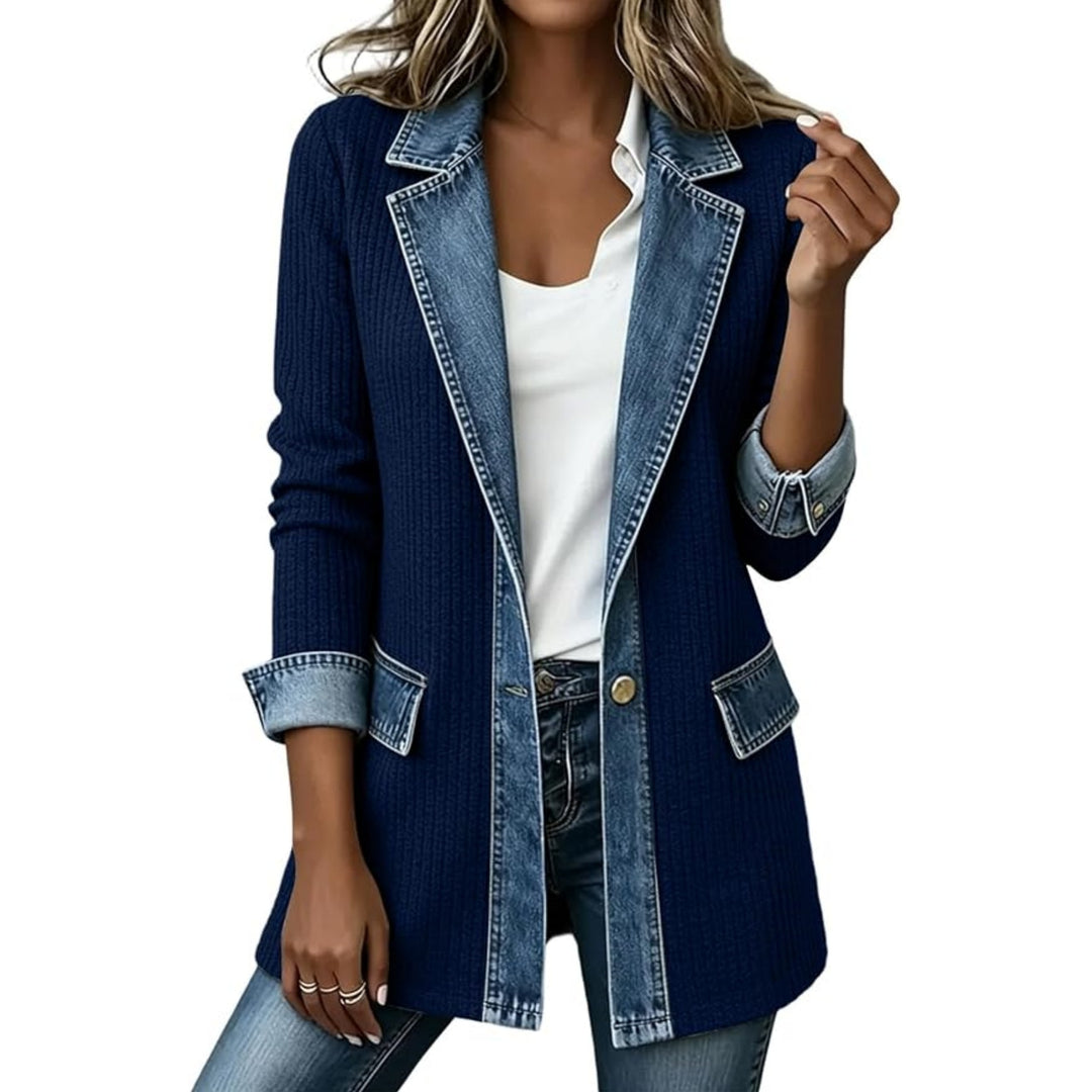 Damen Strickblazer mit Jeansbesatz und Reverskragen Nord Taschen