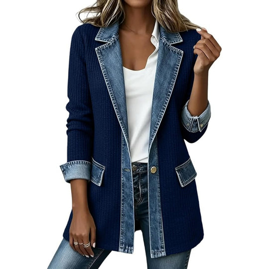 Damen Strickblazer mit Jeansbesatz und Reverskragen Nord Taschen