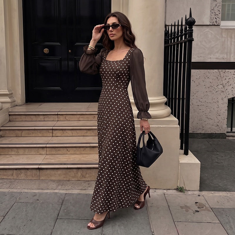 Damen Retro-inspiriertes Polka‑Dot‑Maxikleid mit quadratischem Dekolleté und transparenten Plissee‑Ärmeln Nord Taschen