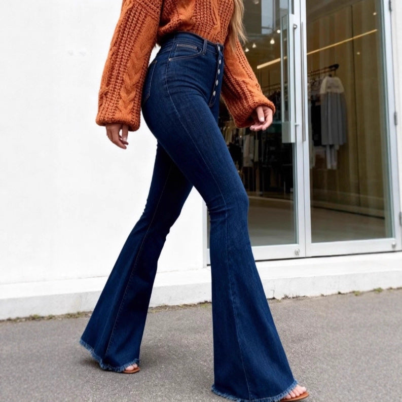 Damen hochtaillierte Retro-Flared-Jeans mit sichtbarer Knopfleiste und ausgestelltem Bein Nord Taschen