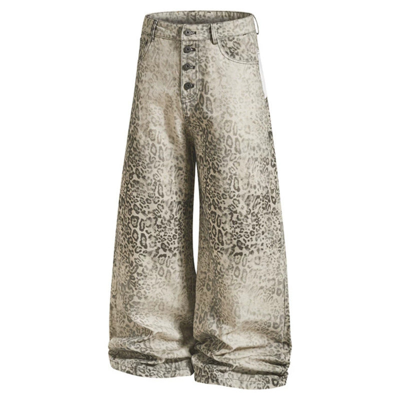 Damen Hochtaillierte Balloon-Jeans im Animalprint mit weitem Culotte‑Schnitt und Knopfleiste Nord Taschen