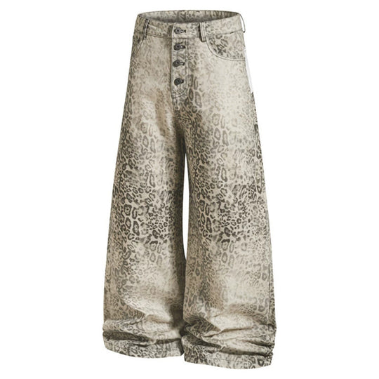 Damen Hochtaillierte Balloon-Jeans im Animalprint mit weitem Culotte‑Schnitt und Knopfleiste Nord Taschen