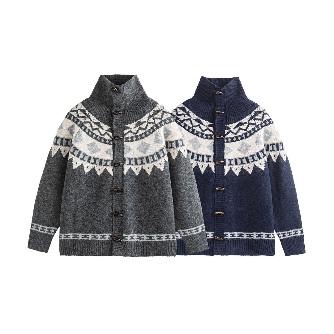 Damen Norwegermuster Strickcardigan mit hohem Stehkragen und Knebelverschlüssen Nord Taschen