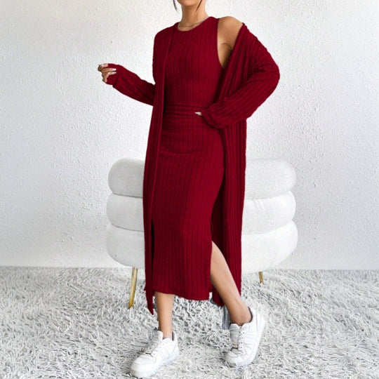 Damen geripptes Midikleid mit figurformendem Bustieroberteil hohem Seitenschlitz und passendem Longcardigan aus Feinstrick Nord Taschen