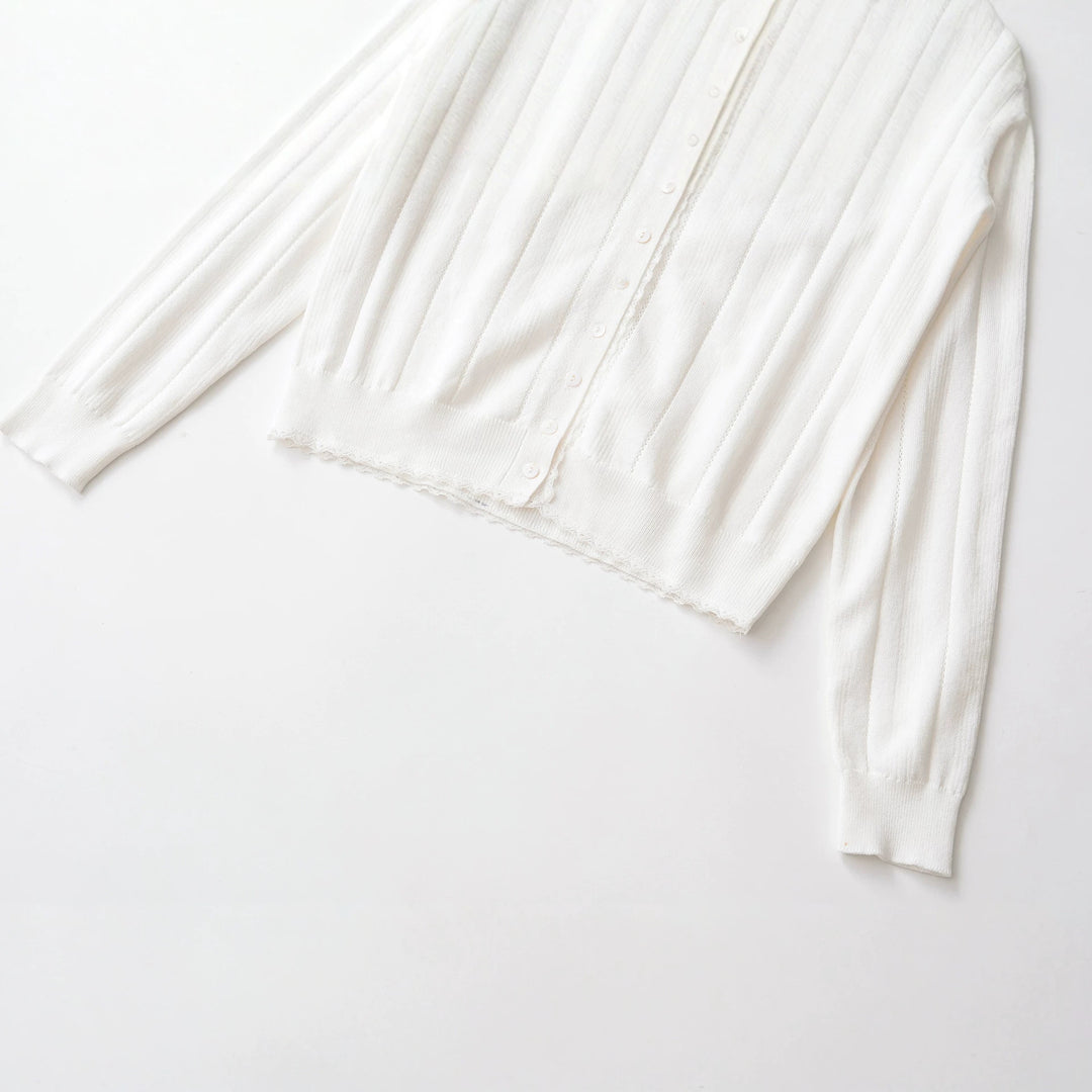 Damen Cropped Feinstrick-Cardigan mit Lochstreifen, Rundhals und Zierknopfleiste Nord Taschen