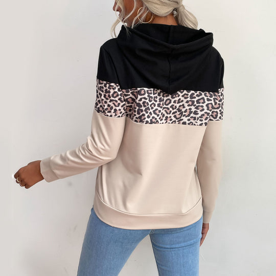 Damen Kapuzensweatshirt mit Leoprint-Besatz und Kängurutasche Nord Taschen