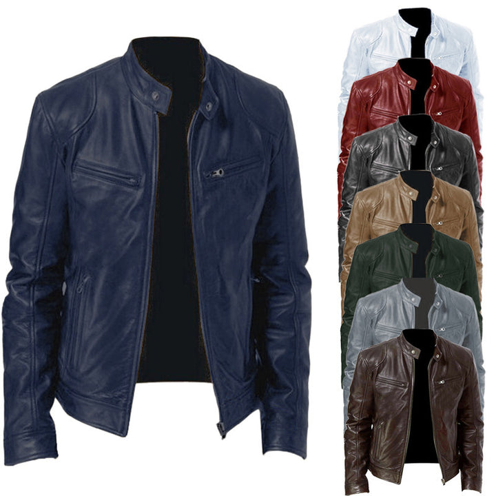 Herren schlanke Echtleder-Bikerjacke mit Stehkragen, zwei Brust-Reißverschlusstaschen und geradliniger Silhouette Nord Taschen