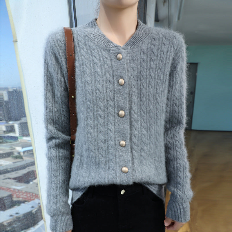 Damen Leichter Zopfstrick-Cardigan in Mohair‑Optik mit dekorativen Perlmuttknöpfen Nord Taschen