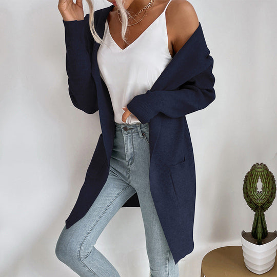 Damen Langer gerippter Cocoon-Cardigan aus leichtem Feinstrick mit Eingrifftaschen Nord Taschen