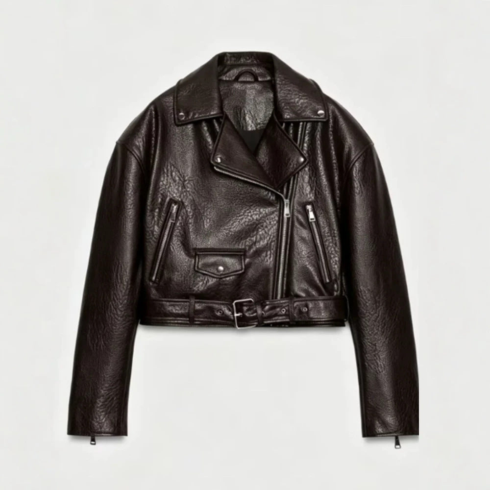 Damen Kurz geschnittene Bikerjacke aus Kunstleder mit Taillengürtel und asymmetrischem Reißverschluss Nord Taschen