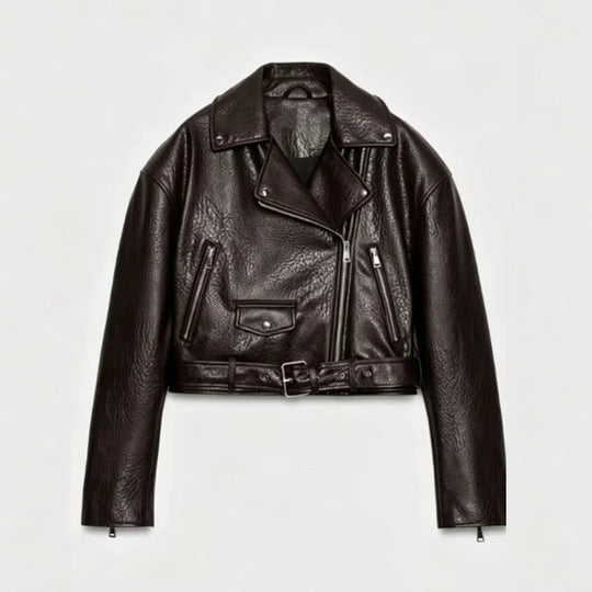 Damen Kurz geschnittene Bikerjacke aus Kunstleder mit Taillengürtel und asymmetrischem Reißverschluss Nord Taschen