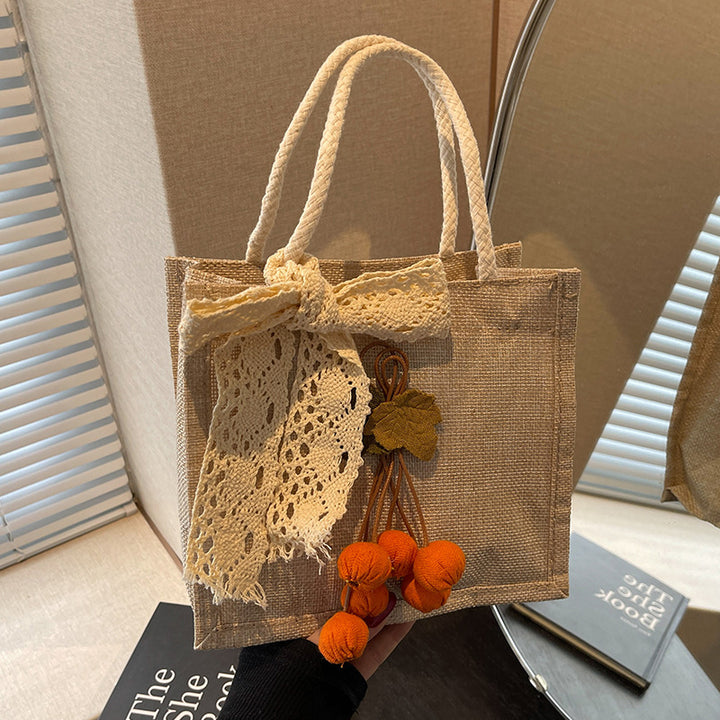 Damen Jute-Tasche mit dekorativem Spitzenband und verspielter Applikation Nord Taschen