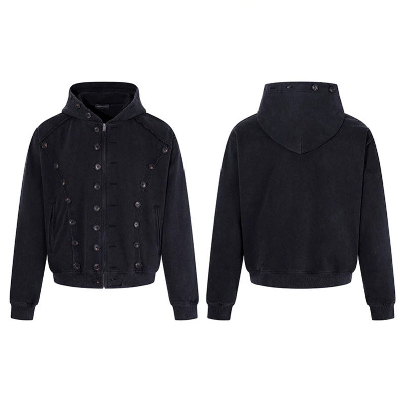 Herren Kapuzen-Zipjacke mit dekorischer Knopfreihe, vintage-inspirierter Waschung und elastischem Saum Nord Taschen