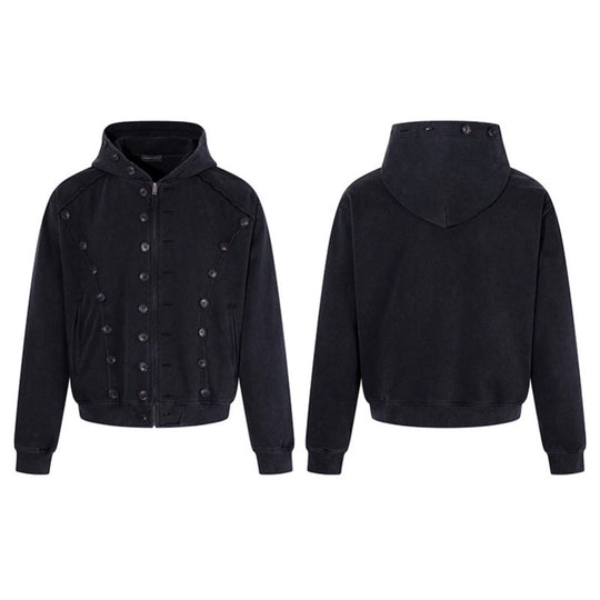 Herren Kapuzen-Zipjacke mit dekorischer Knopfreihe, vintage-inspirierter Waschung und elastischem Saum Nord Taschen