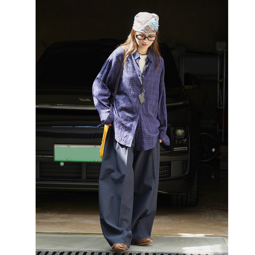 Damen Oversized Karo-Hemd aus Crinkle-Baumwolle mit verlängertem Rückensaum Nord Taschen
