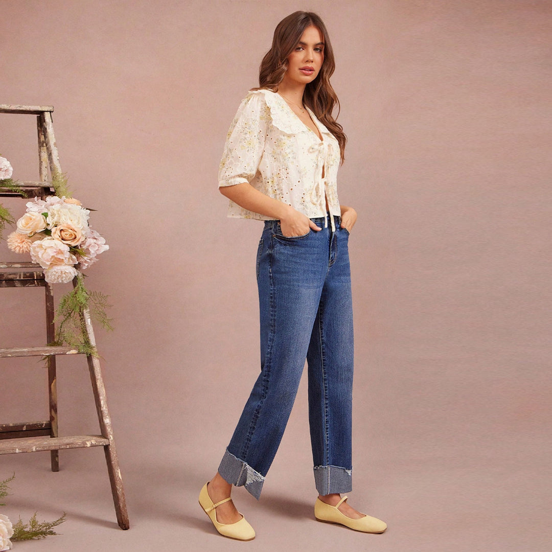 Damen Hochtaillierte Cropped-Jeans mit weitem Bein und ausgefranstem Umschlag Nord Taschen