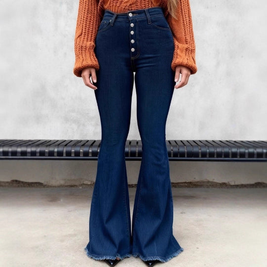 Damen hochtaillierte Retro-Flared-Jeans mit sichtbarer Knopfleiste und ausgestelltem Bein Nord Taschen