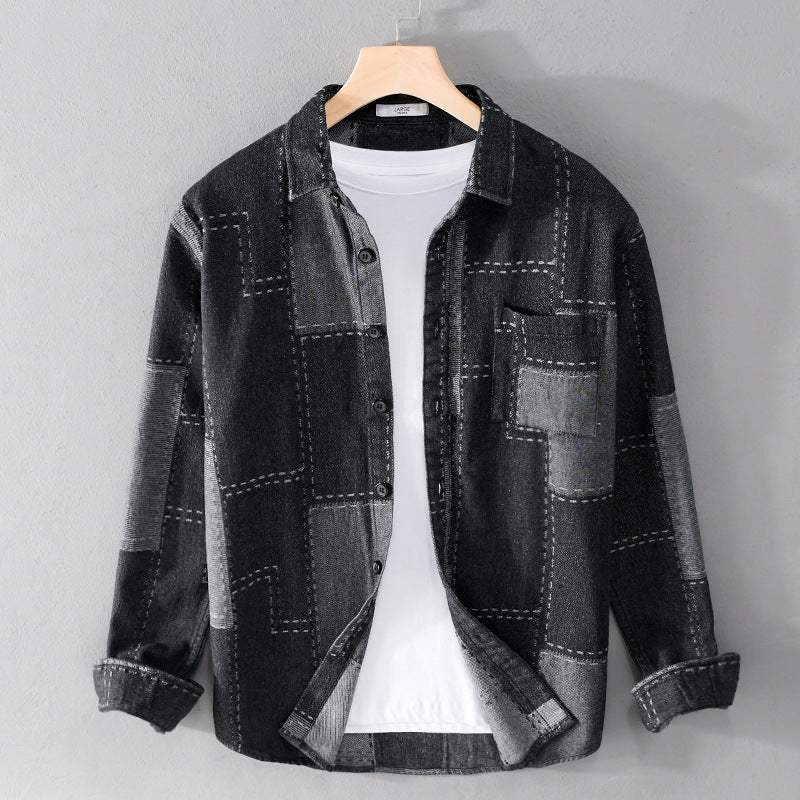 Herren Patchwork-Hemdjacke aus strukturiertem Denim mit sichtbarer Naht und Brusttasche Nord Taschen
