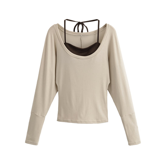 Damen Lagen-Langarmshirt mit integriertem Spaghettiträger-Cami und weitem Rundhals Nord Taschen
