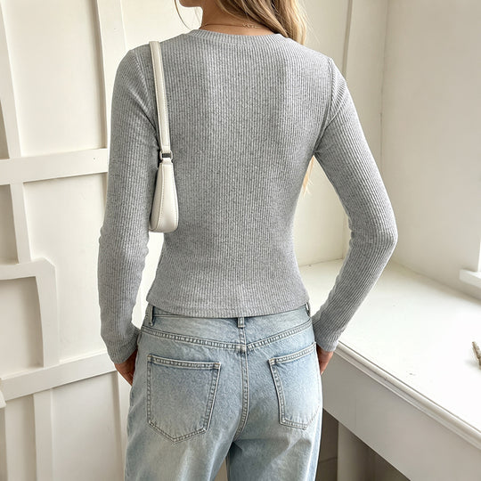 Damen Tailliertes Rippstrick-Longsleeve mit Henley-Knopfleiste und Daumenlochbündchen Nord Taschen