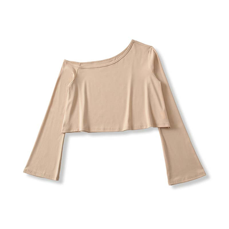 Damen Cropped Off-Shoulder Longsleeve mit ausgestellten Trompetenärmeln aus Jersey Nord Taschen