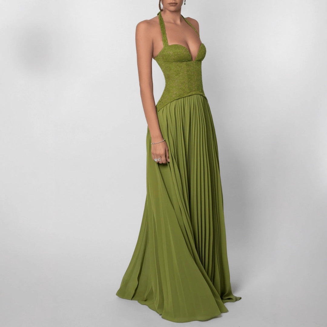 Damen nan Neckholder-Korsettkleid mit Spitzen-Corsage und fließendem Plisseerock