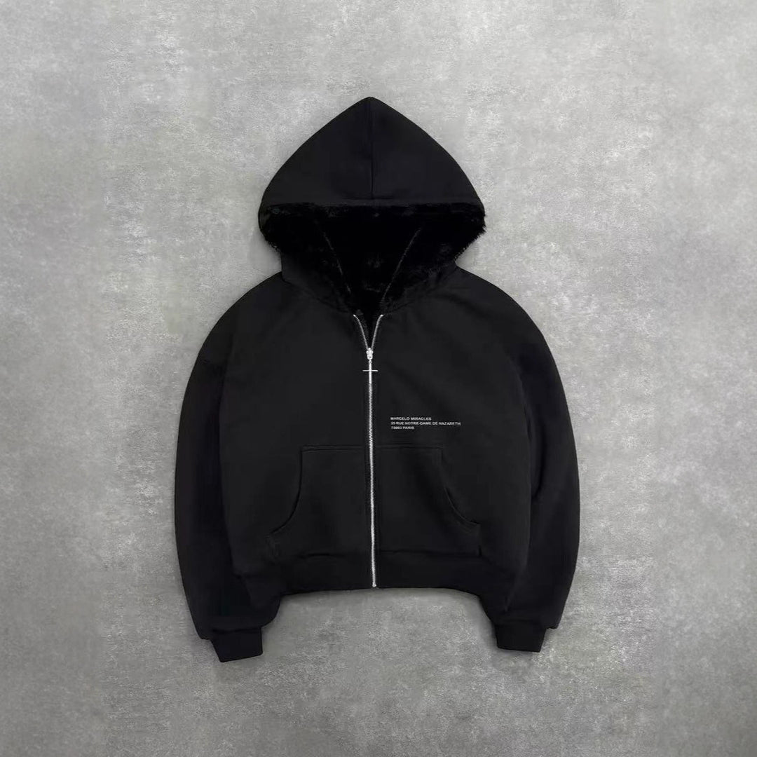 Unisex Kapuzen-Sweatjacke mit Kunstfellfutter, verkürztem Schnitt und Kreuz-Reißverschluss Nord Taschen