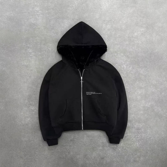 Unisex Kapuzen-Sweatjacke mit Kunstfellfutter, verkürztem Schnitt und Kreuz-Reißverschluss Nord Taschen