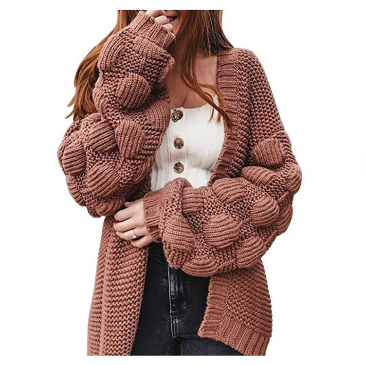 Damen Oversize Grobstrick-Cardigan mit Puffärmeln und offener Front Drune