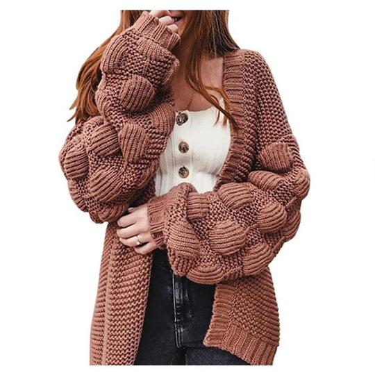 Damen Oversize Grobstrick-Cardigan mit Puffärmeln und offener Front Drune