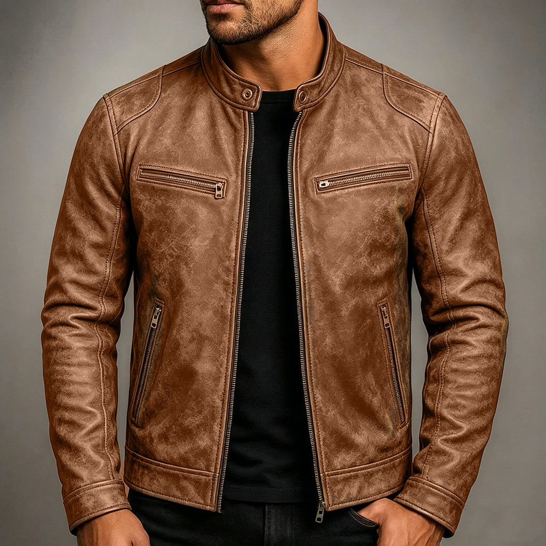 Herren Lederjacke im Vintage-Suede-Look mit Stehkragen und Reißverschlusstaschen Nord Taschen