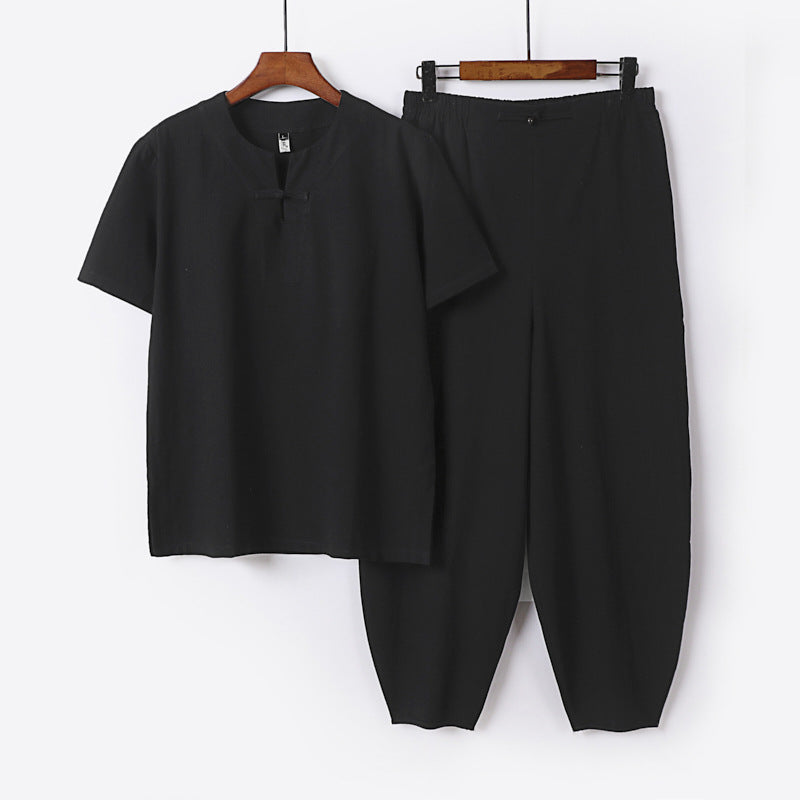 Herren Zweiteiliges Set mit Kurzarm-Stehkragenhemd und elastischer Haremshose Nord Taschen