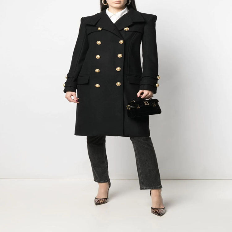 Damen Eleganter Wollmix-Longcoat im Marineinspirierten Doppelreiher mit Oversized-Schalkragen und Zierärmeln Nord Taschen