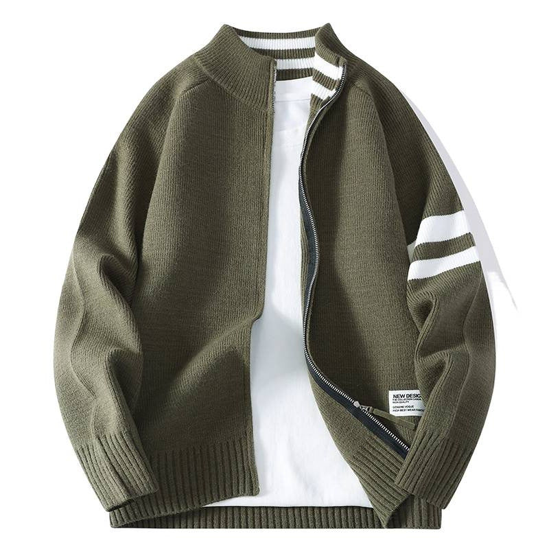 Herren gestrickte Zip-Cardigan im College-Stil mit gestreiftem Ärmelband und geripptem Stehkragen Nord Taschen