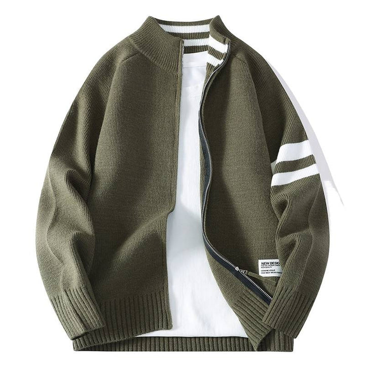 Herren gestrickte Zip-Cardigan im College-Stil mit gestreiftem Ärmelband und geripptem Stehkragen Nord Taschen