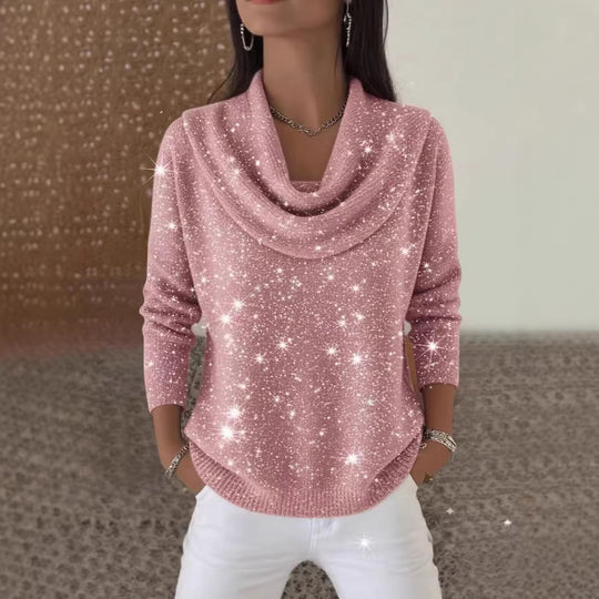 Damen Glitzernder Strickpullover mit Wasserfall-Ausschnitt Nord Taschen