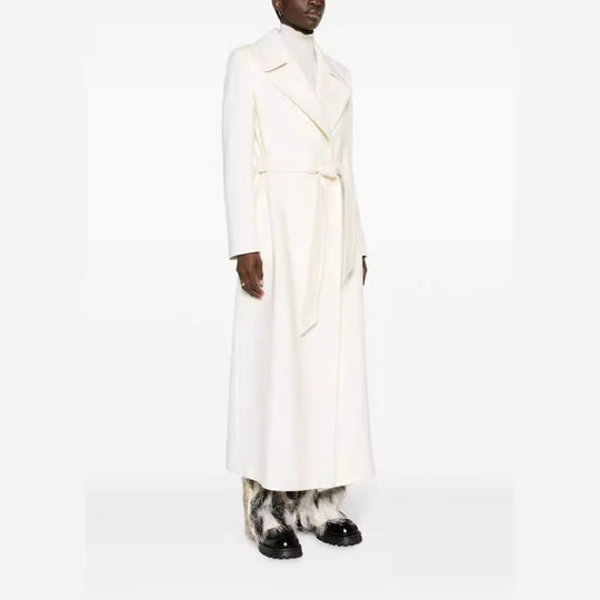 Damen Maxilanger taillierter Wollmix-Mantel mit Bindegürtel und weitem Revers Nord Taschen
