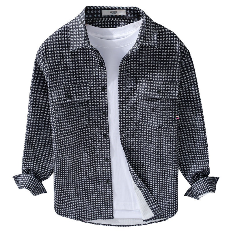 Herren Hemdjacke-Overshirt aus Baumwollmix mit Miniherz-Alloverprint und Brusttaschen Nord Taschen