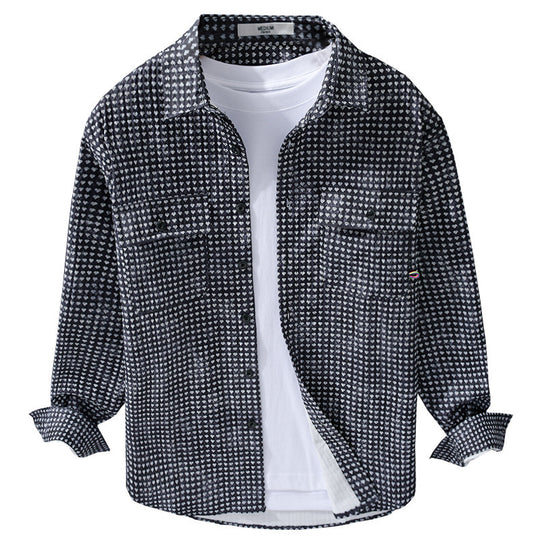 Herren Hemdjacke-Overshirt aus Baumwollmix mit Miniherz-Alloverprint und Brusttaschen Nord Taschen