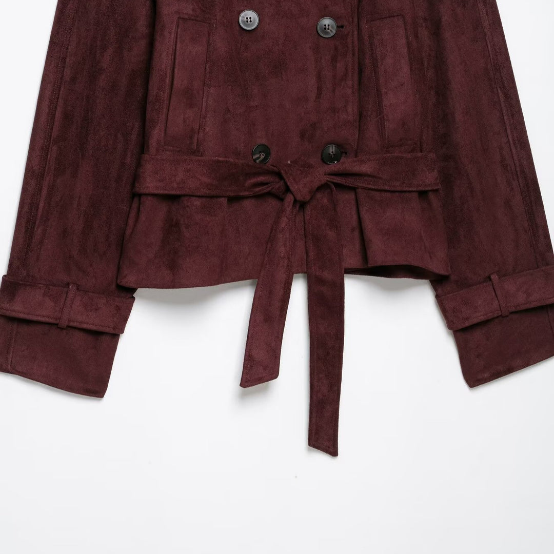Damen Kurze Trenchjacke aus Veloursoptik mit hohem Stehkragen und Bindegürtel Nord Taschen